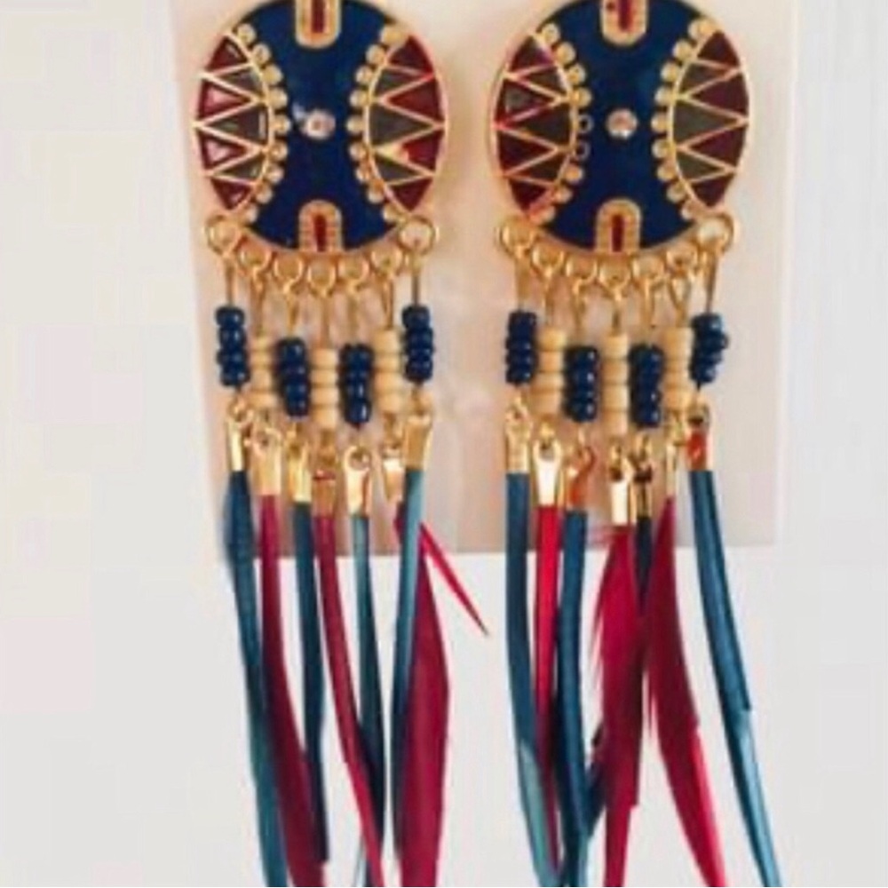 Boho Fringe Feather Drop Earrings in Navy and Burgundy
